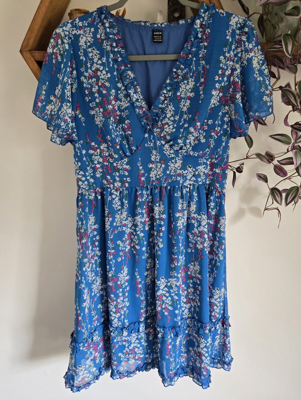 SHEIN Bright Blue Floral Ruffle V-Neck Dress